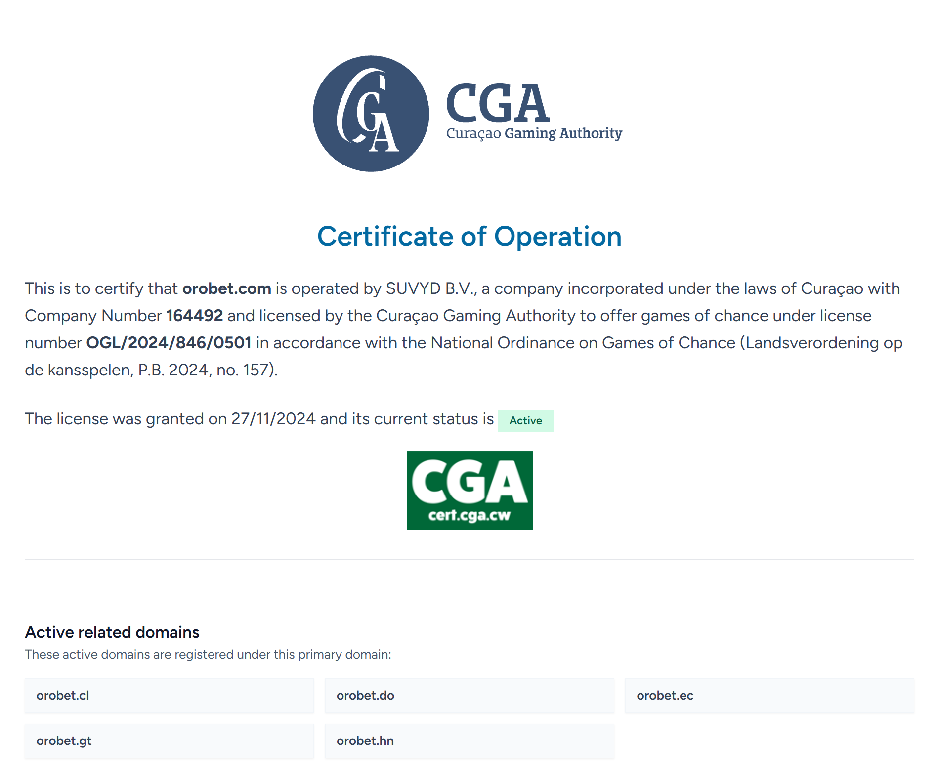 Certificate of Operation — Curaçao Gaming Authority, SUVYD B.V.